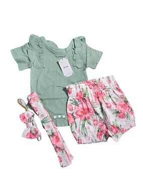 NWT | Lavaby | Sage Green Ribbed Ruffle Bodysuit Floral Shorts & Headband Set |
